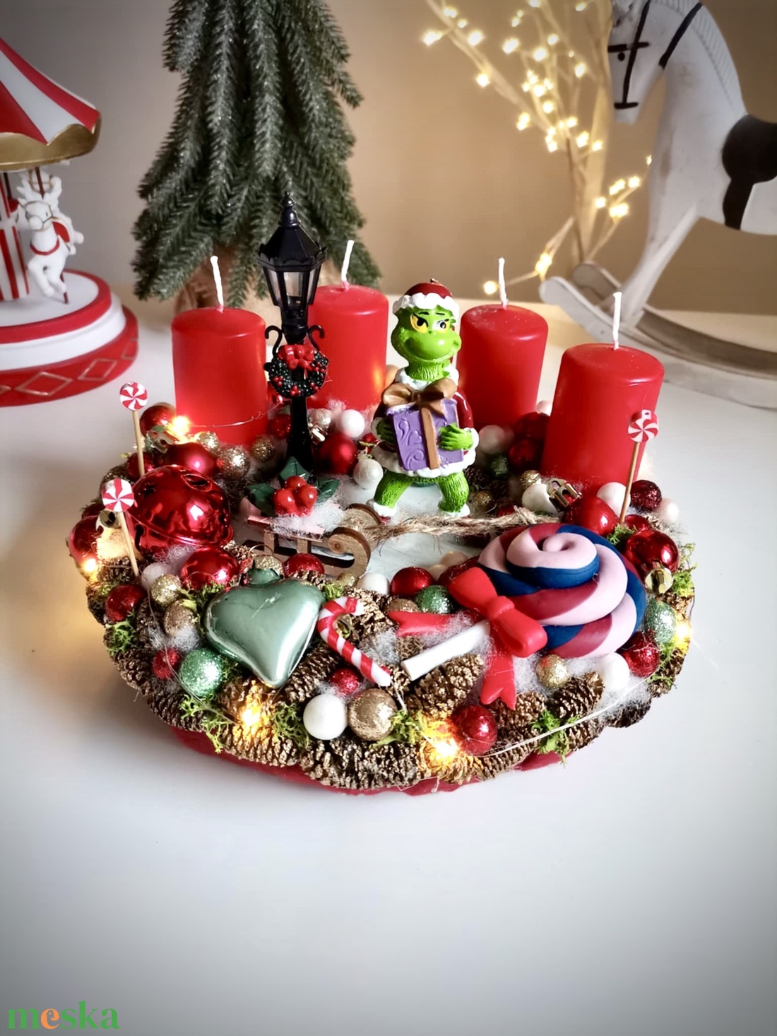 Világító Grincs adventi koszorú, grincses adventi dísz, adventi koszorú, világító grinch  - karácsony - adventi díszek - adventi koszorú - Meska.hu