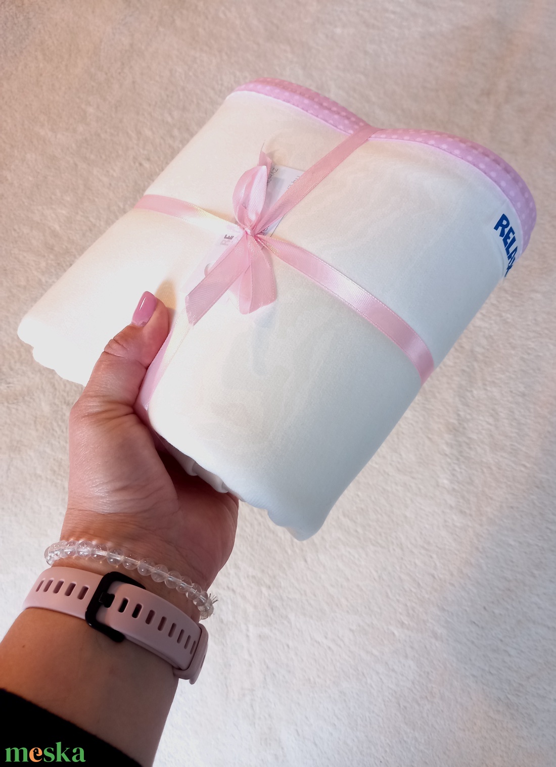 Fehér homok Nyári takaró FELNŐTT méretben Rózsaszín pöttyös szegéllyel - otthon & életmód - lakástextil - felnőtt takaró, pléd - Meska.hu