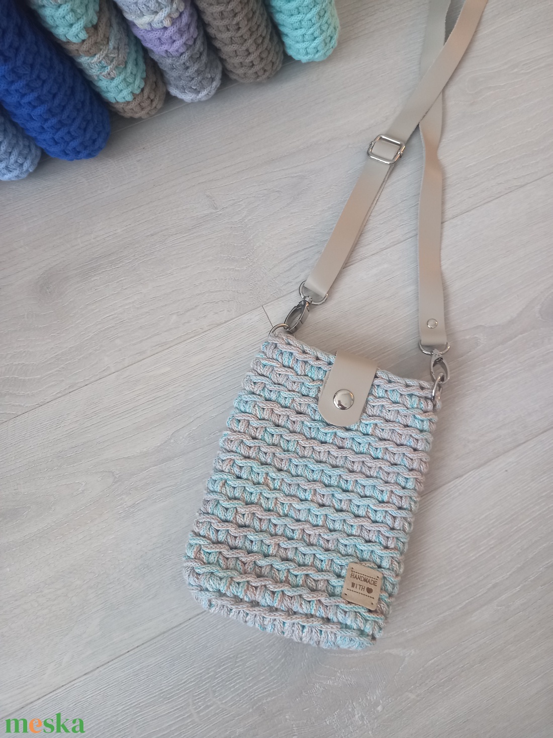 Vintage/Beige horgolt mobil-táska - bőr táskapánttal - táska & tok - kézitáska & válltáska - vállon átvethető táska - Meska.hu