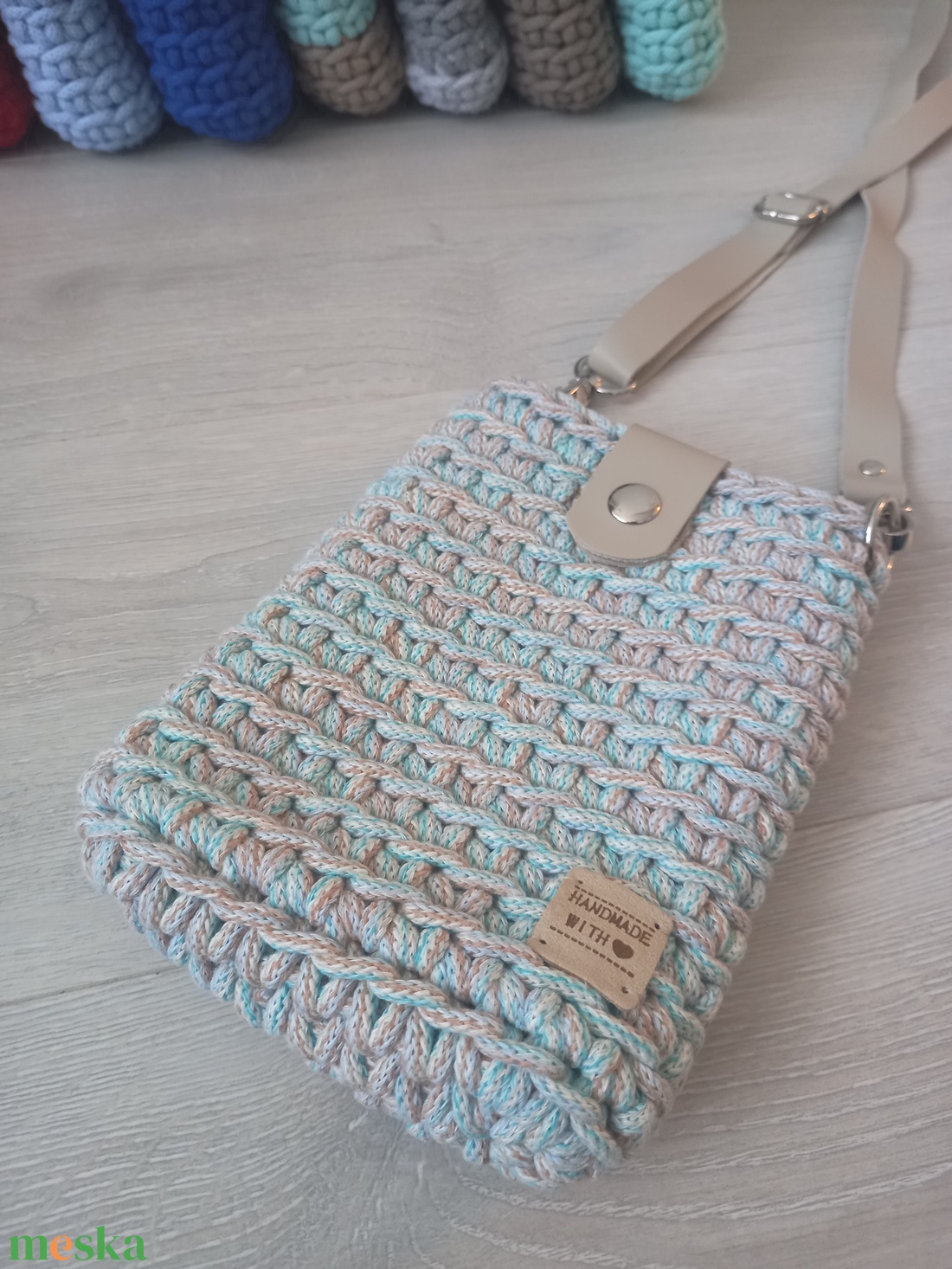 Vintage/Beige horgolt mobil-táska - bőr táskapánttal - táska & tok - kézitáska & válltáska - vállon átvethető táska - Meska.hu