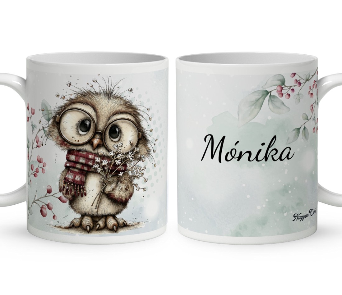 Névvel kérhető - Cuki téli bagoly szemüvegben mintás bögre - otthon & életmód - konyhafelszerelés, tálalás - tálalás - bögre & csésze - Meska.hu