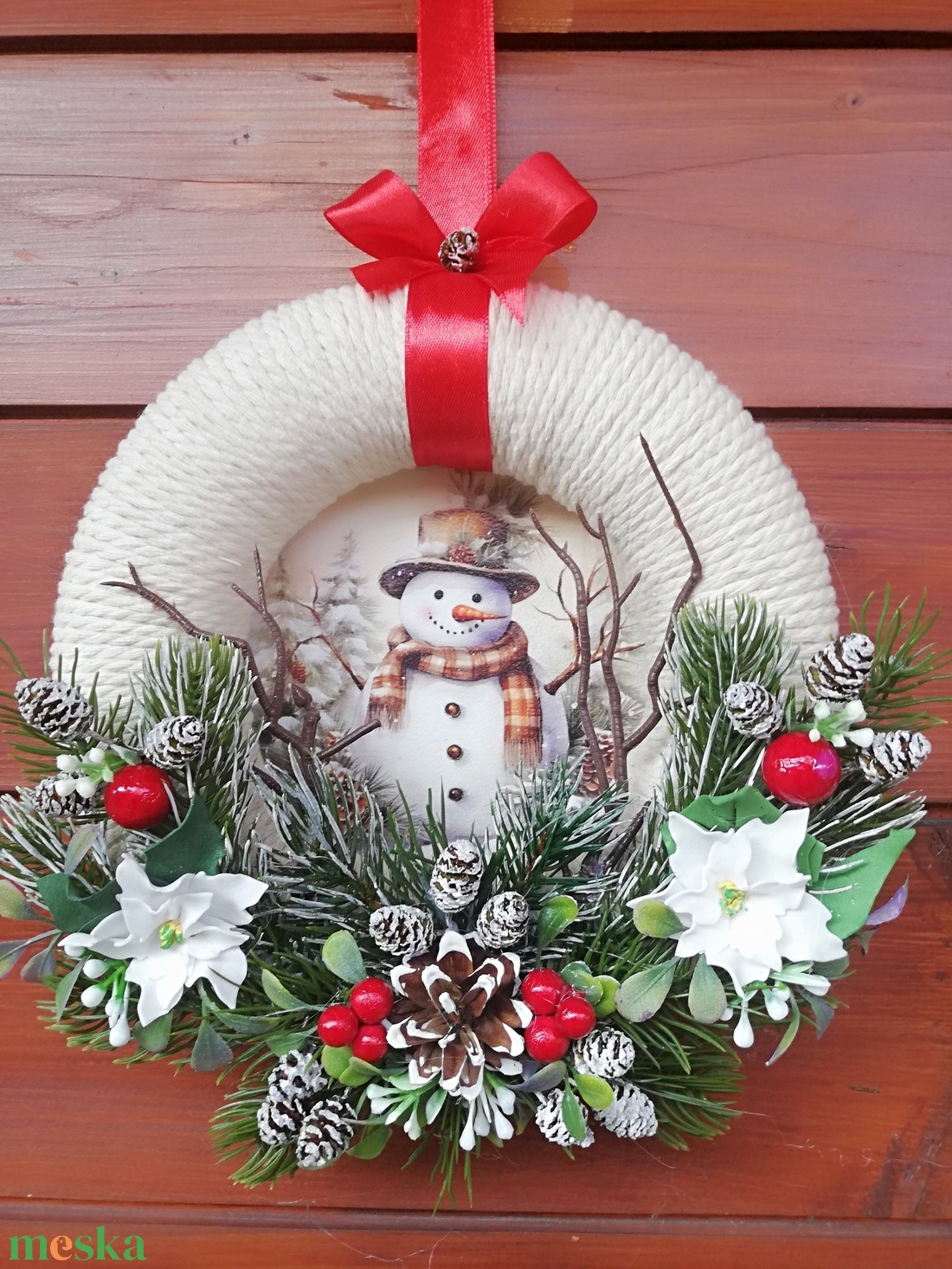 Téli koszorú hóemberrel - karácsony - karácsonyi lakásdekoráció - karácsonyi ajtódíszek - Meska.hu