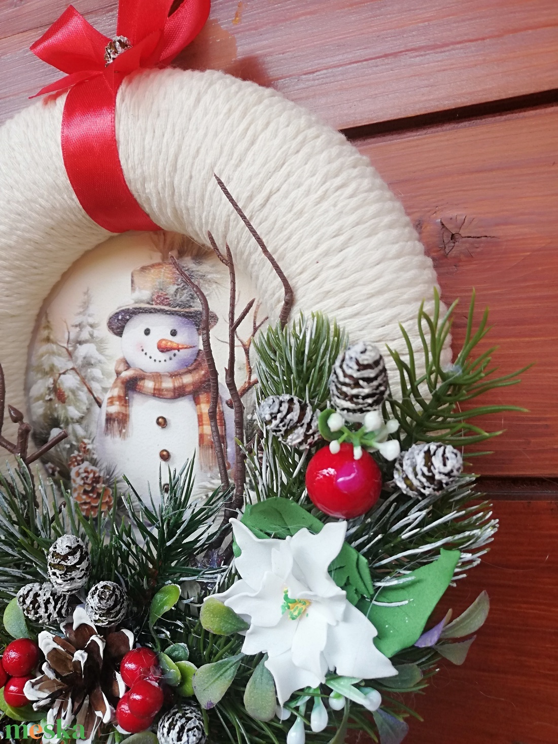 Téli koszorú hóemberrel - karácsony - karácsonyi lakásdekoráció - karácsonyi ajtódíszek - Meska.hu