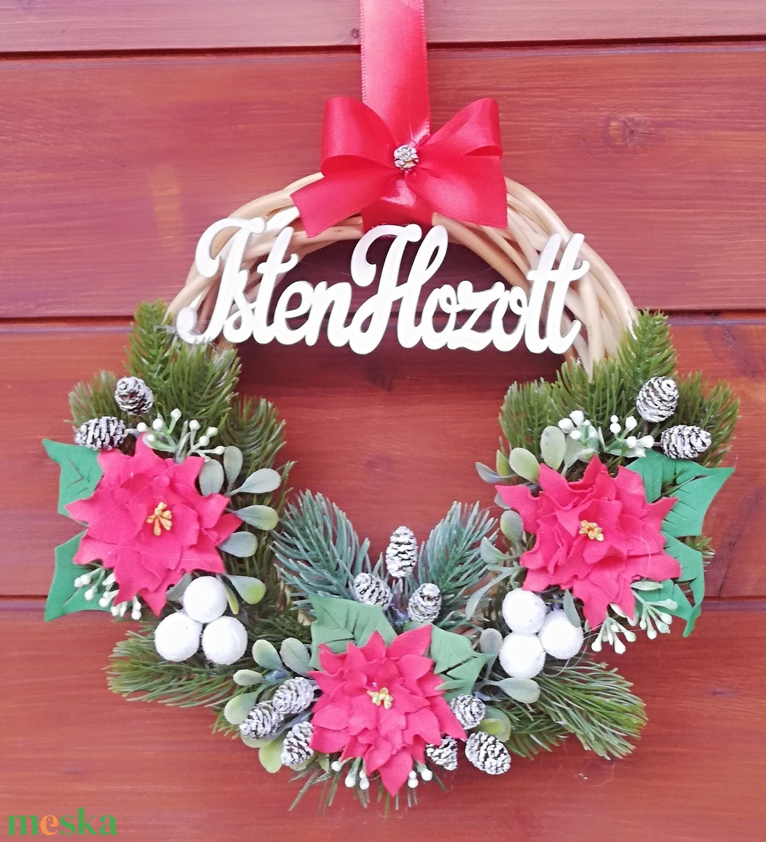 Téli koszorú mikulásvirággal - karácsony - karácsonyi lakásdekoráció - karácsonyi ajtódíszek - Meska.hu