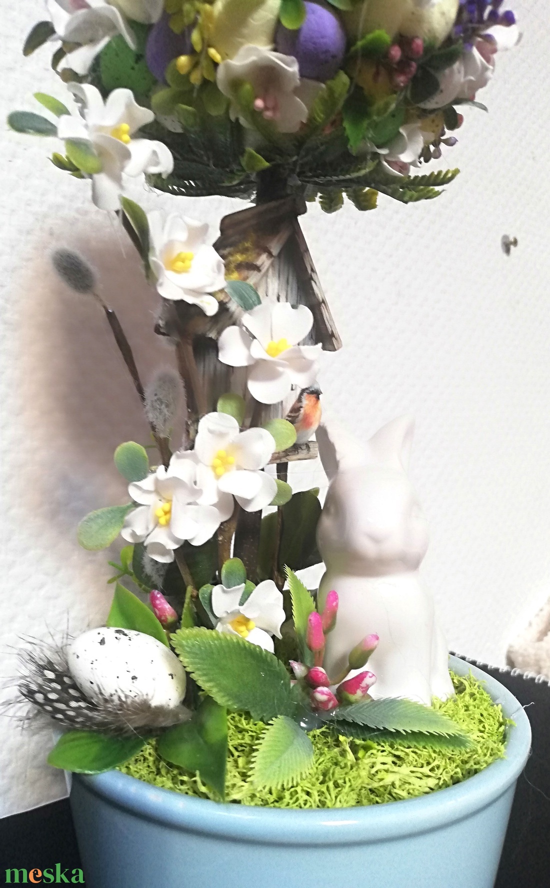 Tojásfa fehér virágokkal és nyuszival - ünnepi díszek, dekorációk - húsvéti díszek és dekorációk - húsvéti asztaldíszek - Meska.hu