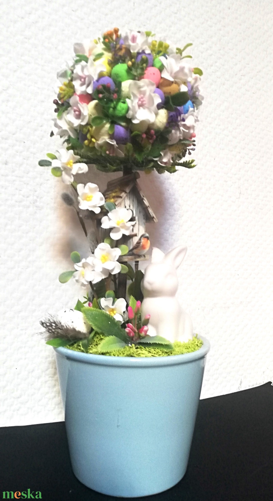 Tojásfa fehér virágokkal és nyuszival - ünnepi díszek, dekorációk - húsvéti díszek és dekorációk - húsvéti asztaldíszek - Meska.hu