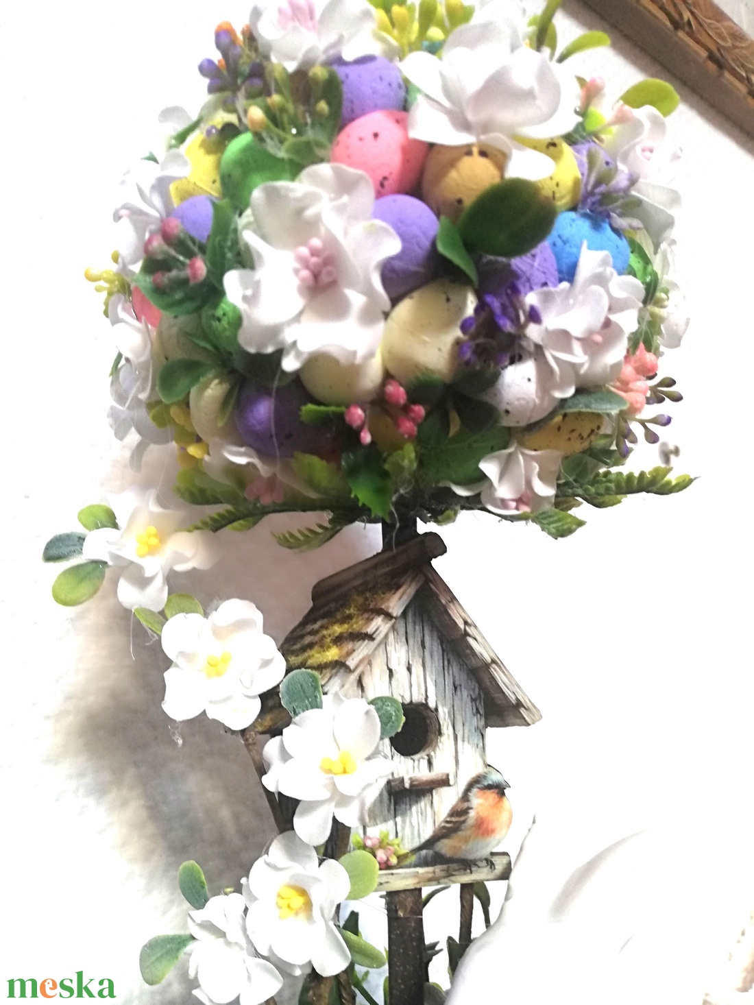 Tojásfa fehér virágokkal és nyuszival - ünnepi díszek, dekorációk - húsvéti díszek és dekorációk - húsvéti asztaldíszek - Meska.hu