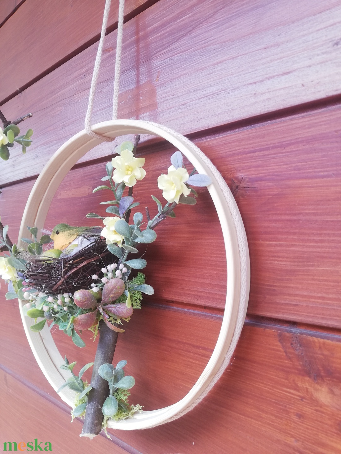 Tavaszi ajtódísz madárkával - ünnepi díszek, dekorációk - húsvéti díszek és dekorációk - húsvéti ajtódísz, kopogtató - Meska.hu