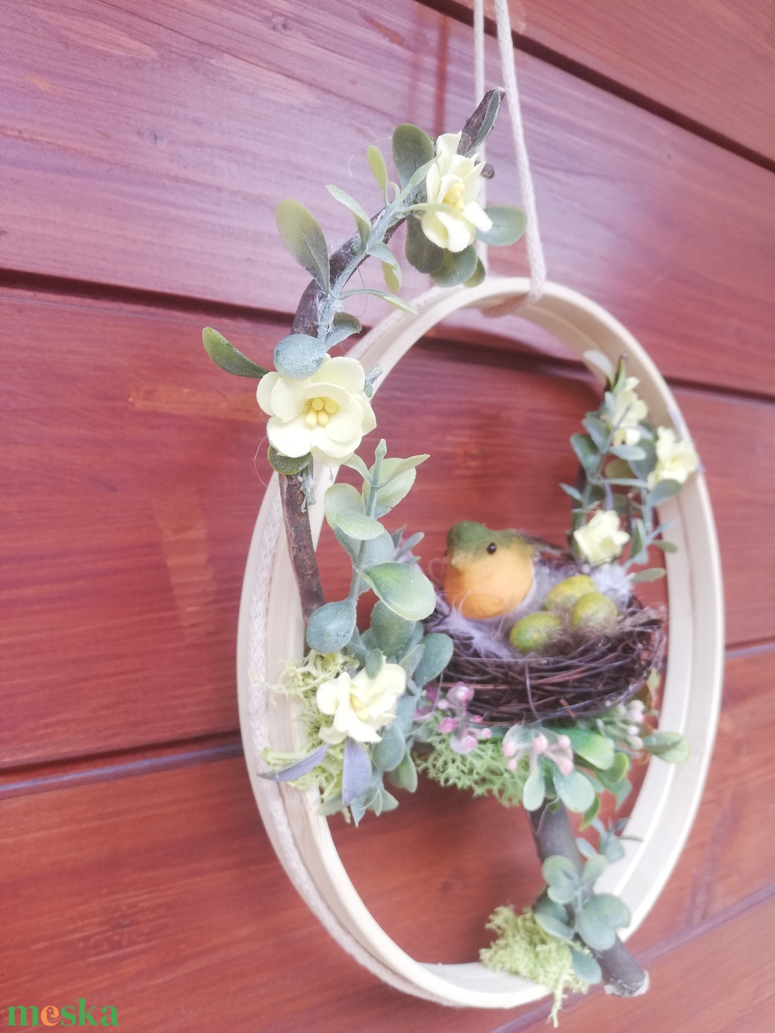 Tavaszi ajtódísz madárkával - ünnepi díszek, dekorációk - húsvéti díszek és dekorációk - húsvéti ajtódísz, kopogtató - Meska.hu