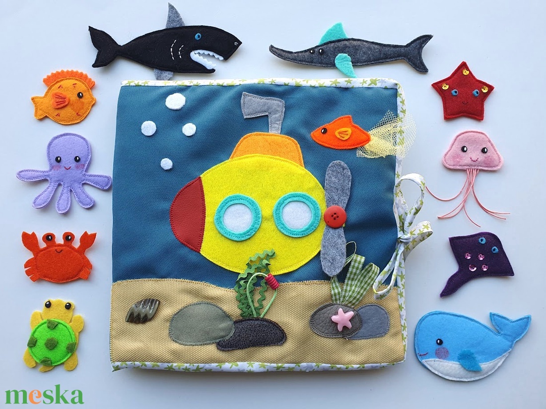 A tenger állatai- interaktív játszókönyv 10db állatkával - AZONNAL VIHETŐ!! - játék & sport - textilkönyv & babakönyv - Meska.hu
