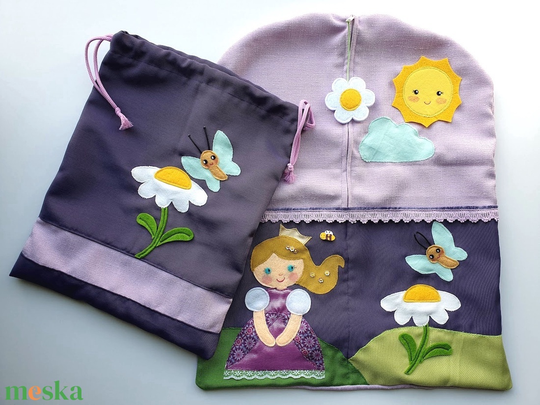 Ovizsák és tornazsák szett mosolygós királylánnyal és pillangóval - Azonnal vihető! - játék & sport - ovis felszerelés - ovis szett - Meska.hu