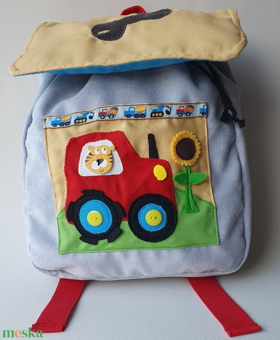 Óvodai hátizsák piros traktorral, tigrissel, napraforgóval- AZONNAL VIHETŐ! - játék & sport - ovis felszerelés - ovis hátizsák - Meska.hu