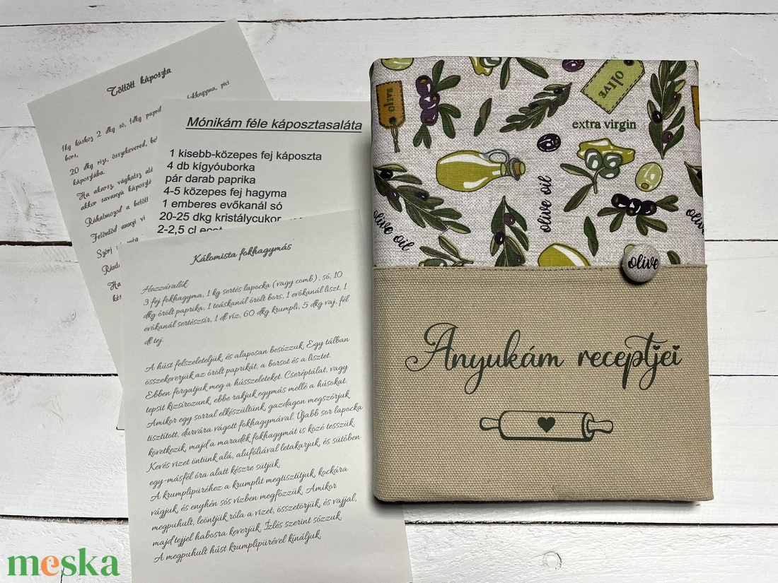 Receptes mappa Anyukám receptjei, olívás vászonborítással - otthon & életmód - konyhafelszerelés, tálalás - sütés, főzés - receptfüzet - Meska.hu Receptes mappa Anyukám receptjei, olívás vászonborítással - otthon & életmód - konyhafelszerelés, tálalás - sütés, főzés - receptfüzet - Meska.hu