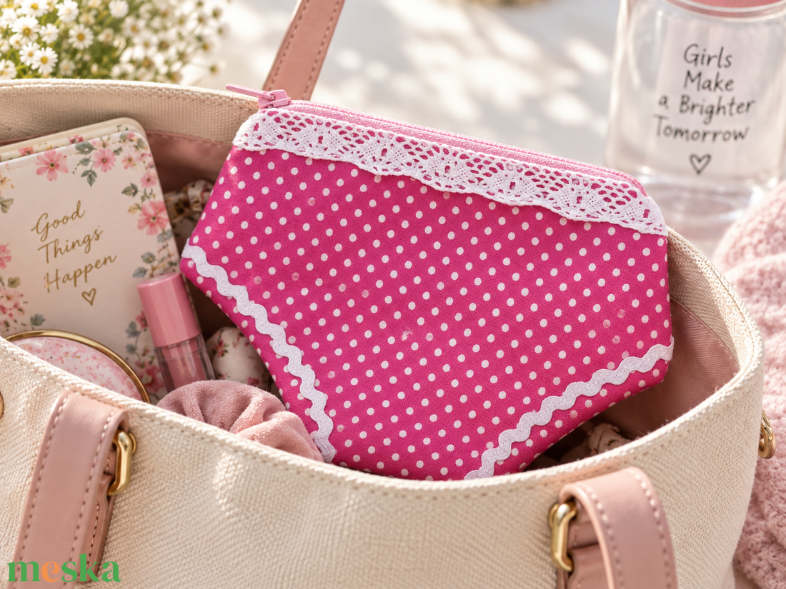 Bugyi neszesszer pink - pöttyös mintával � 16 � 12 cm - táska & tok - neszesszer - Meska.hu