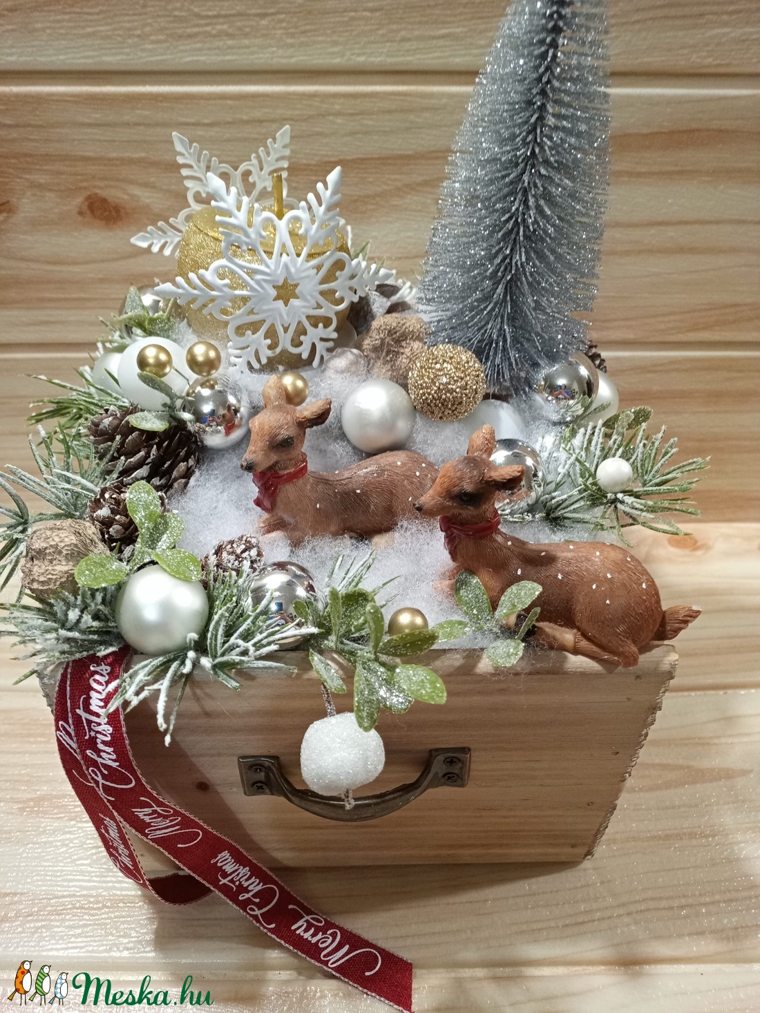 Ezüst karácsony asztaldísz natúr fa fiókban őz figurákkal - karácsony - karácsonyi lakásdekoráció - Meska.hu