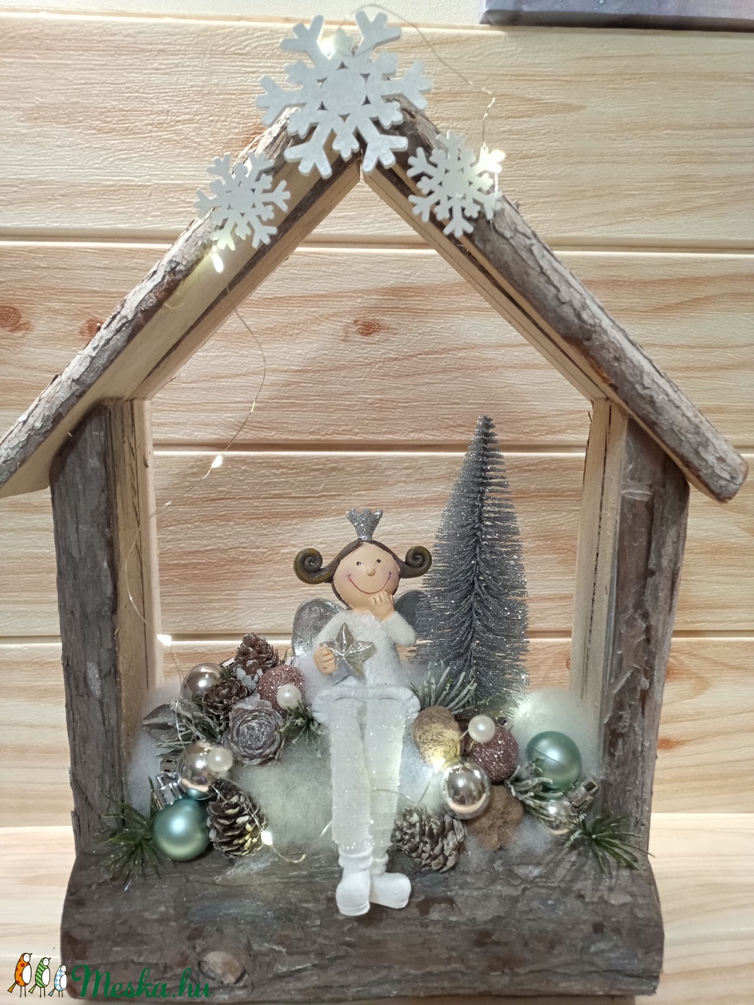  Angyal faházikóban karácsonyi ajtódísz LED világítással - karácsony - Meska.hu