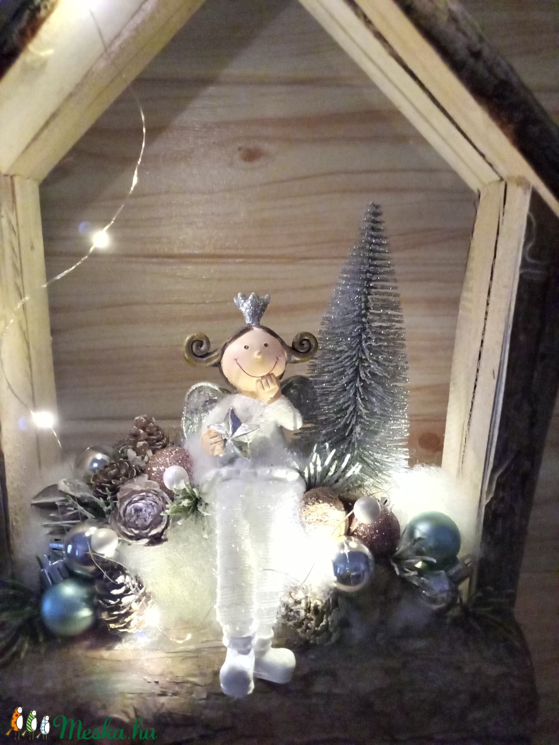  Angyal faházikóban karácsonyi ajtódísz LED világítással - karácsony - Meska.hu