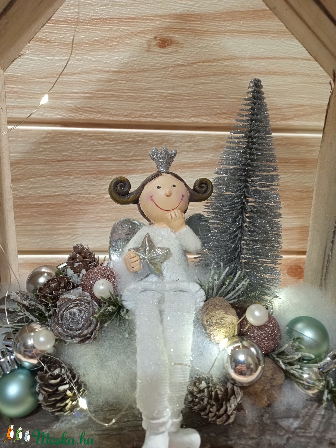  Angyal faházikóban karácsonyi ajtódísz LED világítással - karácsony - Meska.hu