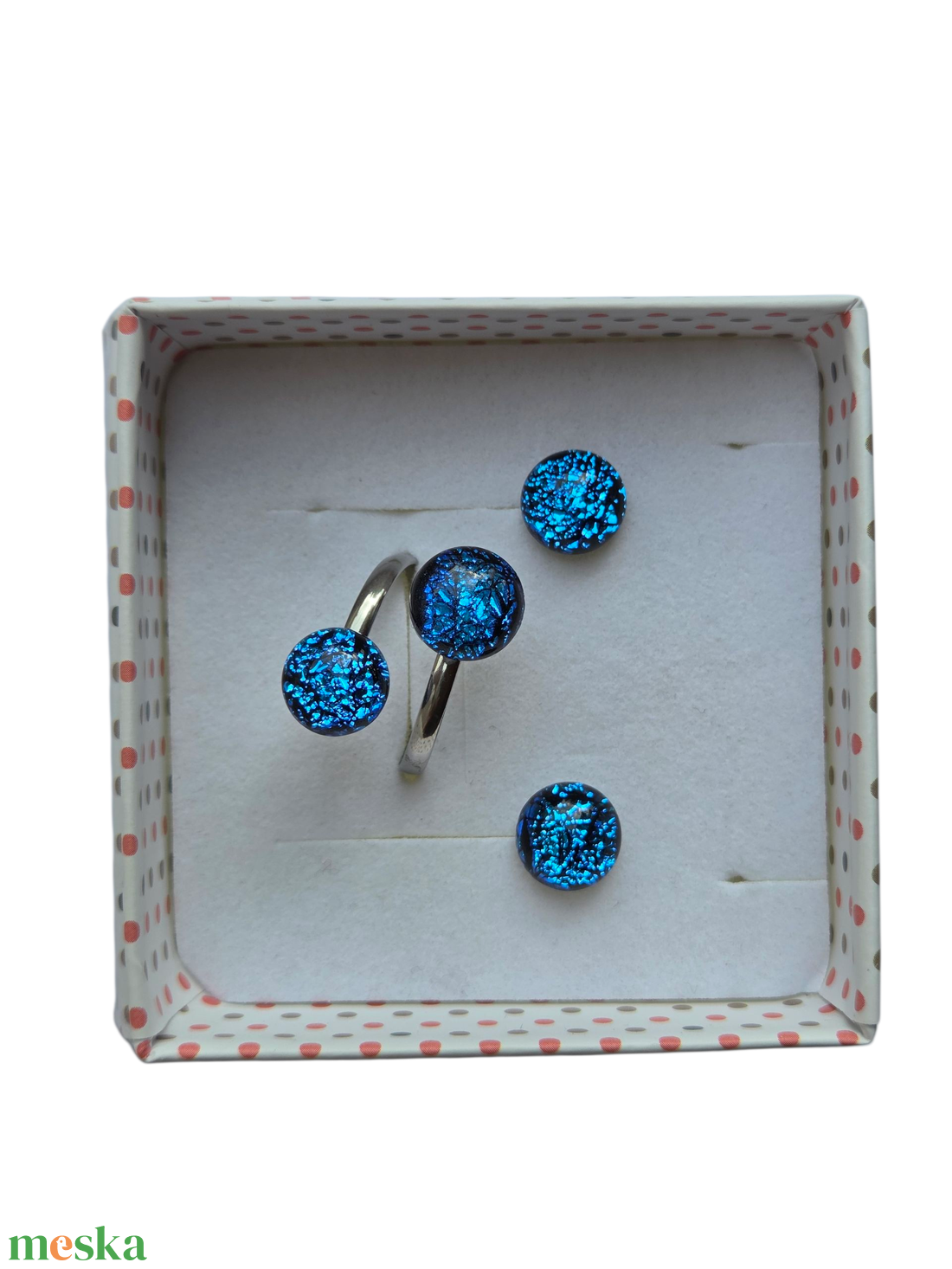  Kéklőn csillogó  fülbevaló és gyűrű - Jannaja ékszer - ékszer - ékszerszett - Meska.hu