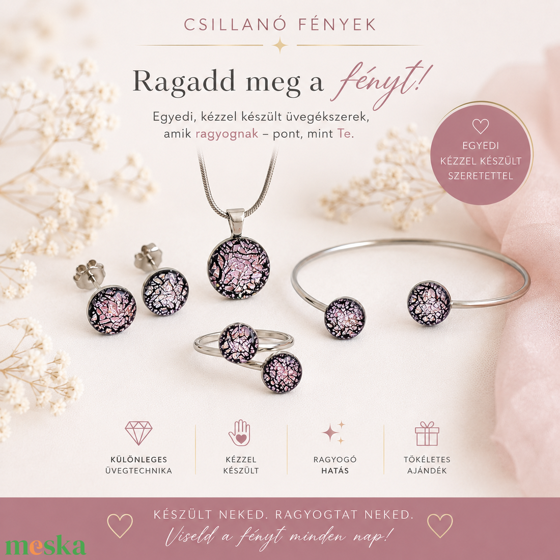 Glamor ezüst, halvány rózsaszín csillogó medál - ékszer - nyaklánc - medálos nyaklánc - Meska.hu