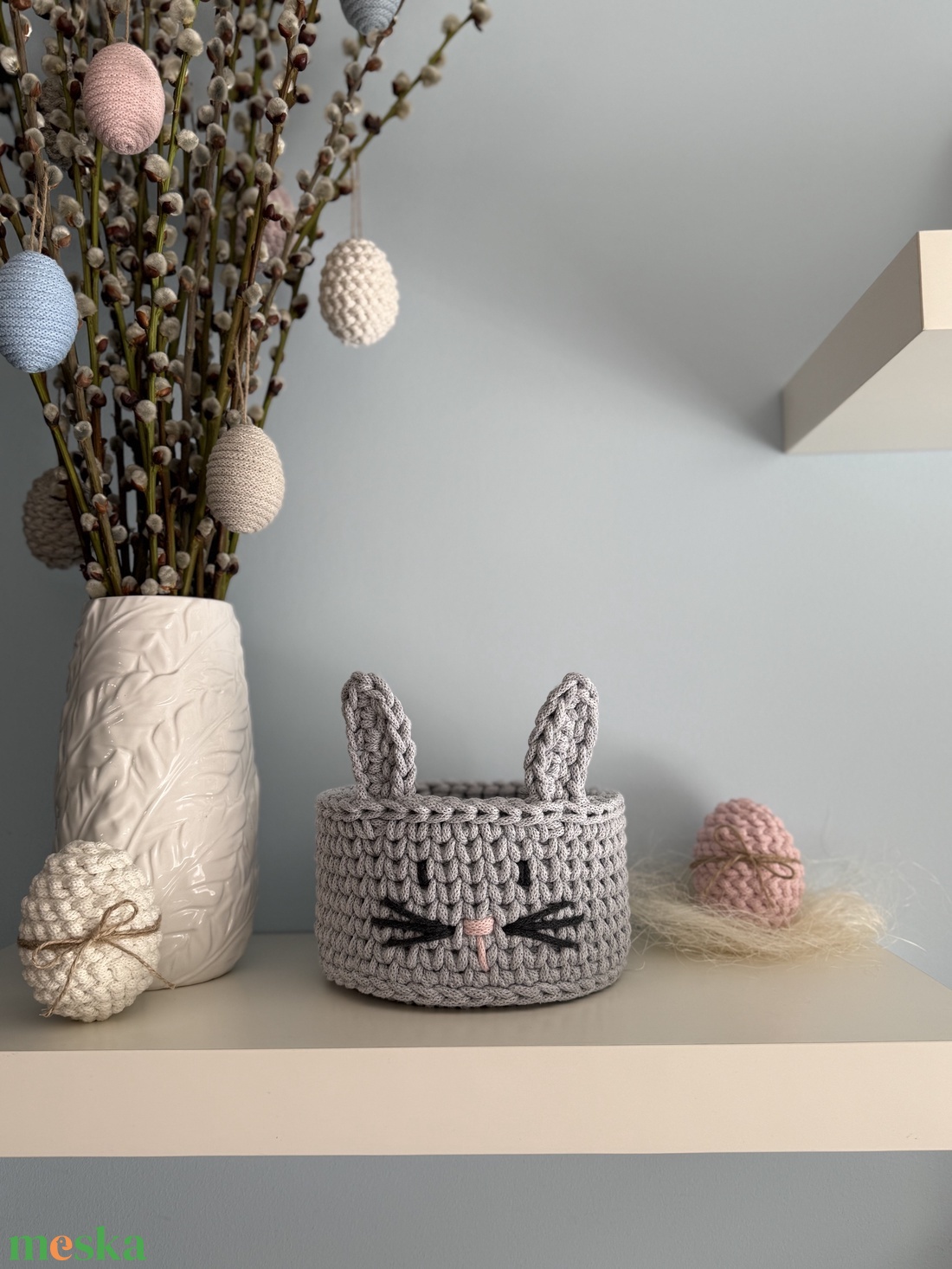 Horgolt nyuszis kosár - ünnepi díszek, dekorációk - húsvéti díszek és dekorációk - húsvéti kosár - Meska.hu