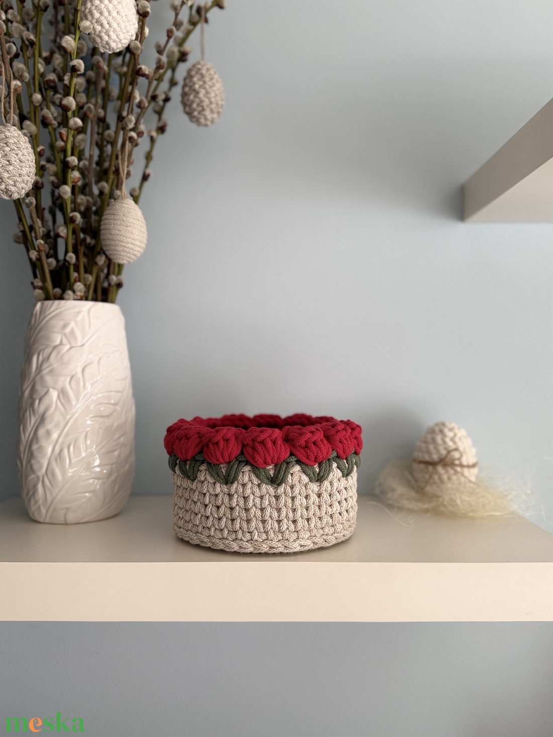 Horgolt tulipános kosár - ünnepi díszek, dekorációk - húsvéti díszek és dekorációk - húsvéti kosár - Meska.hu