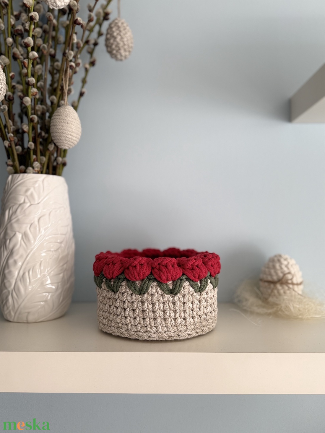 Horgolt tulipános kosár - ünnepi díszek, dekorációk - húsvéti díszek és dekorációk - húsvéti kosár - Meska.hu