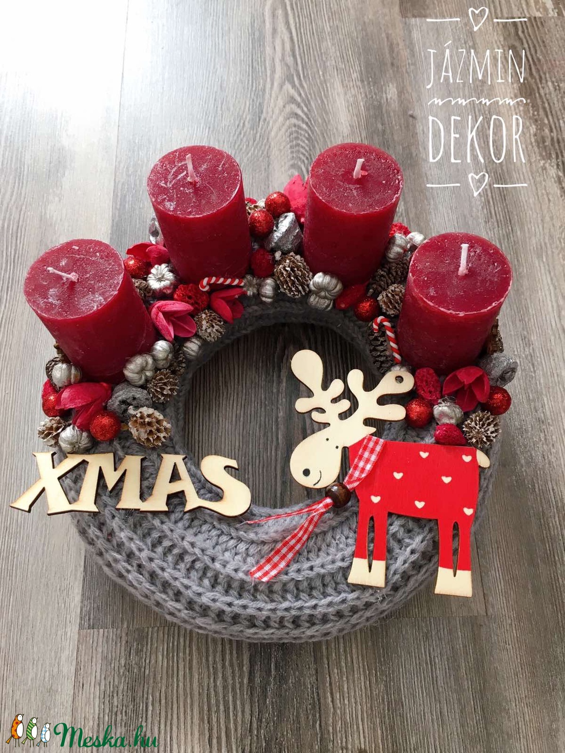Szürke kötött, Rudolf rénszarvasos adventi koszorú - - Meska.hu Szürke kötött, Rudolf rénszarvasos adventi koszorú - - Meska.hu