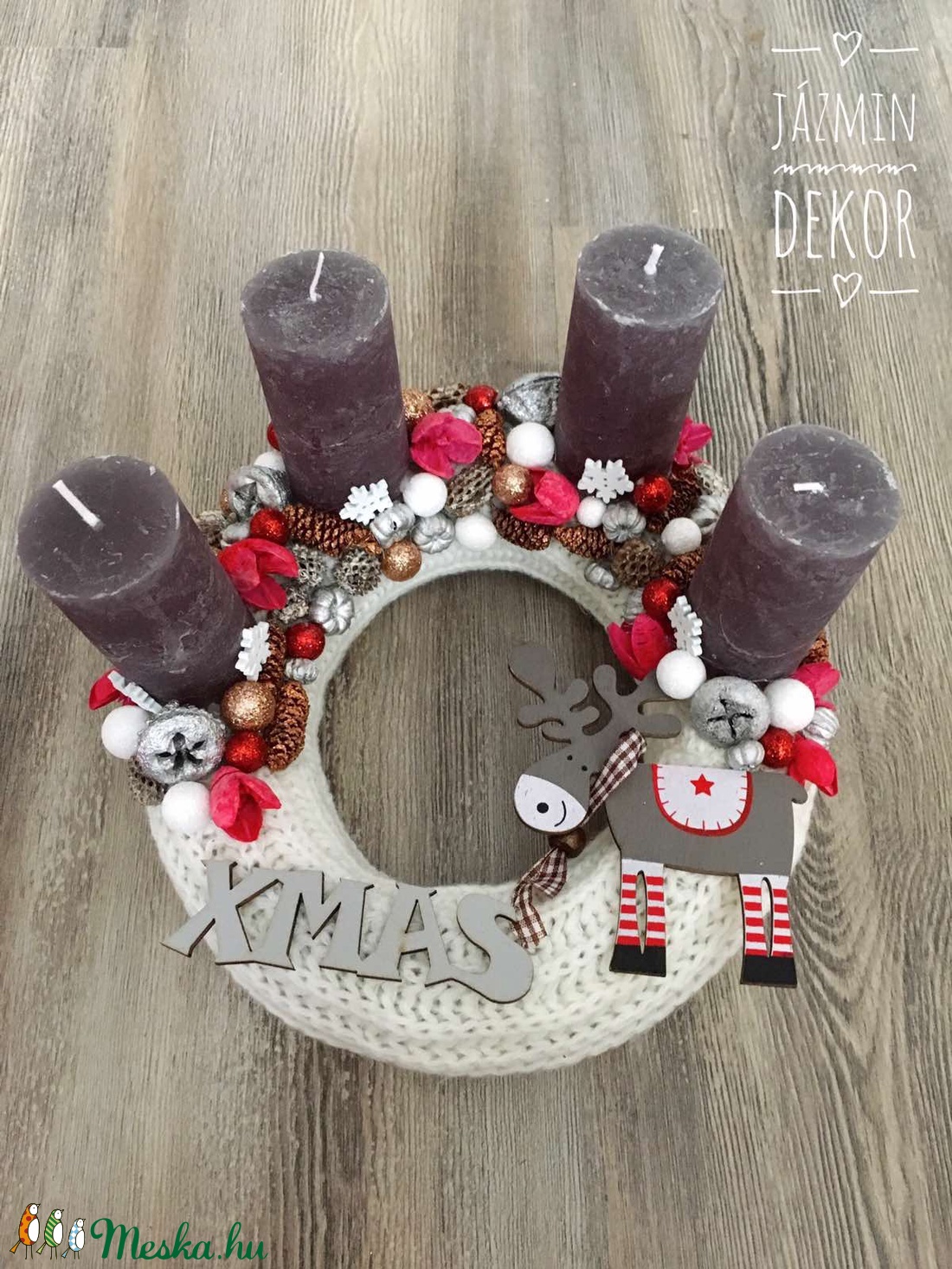 Fehér kötött, Rudolf rénszarvasos adventi koszorú - - Meska.hu Fehér kötött, Rudolf rénszarvasos adventi koszorú - - Meska.hu
