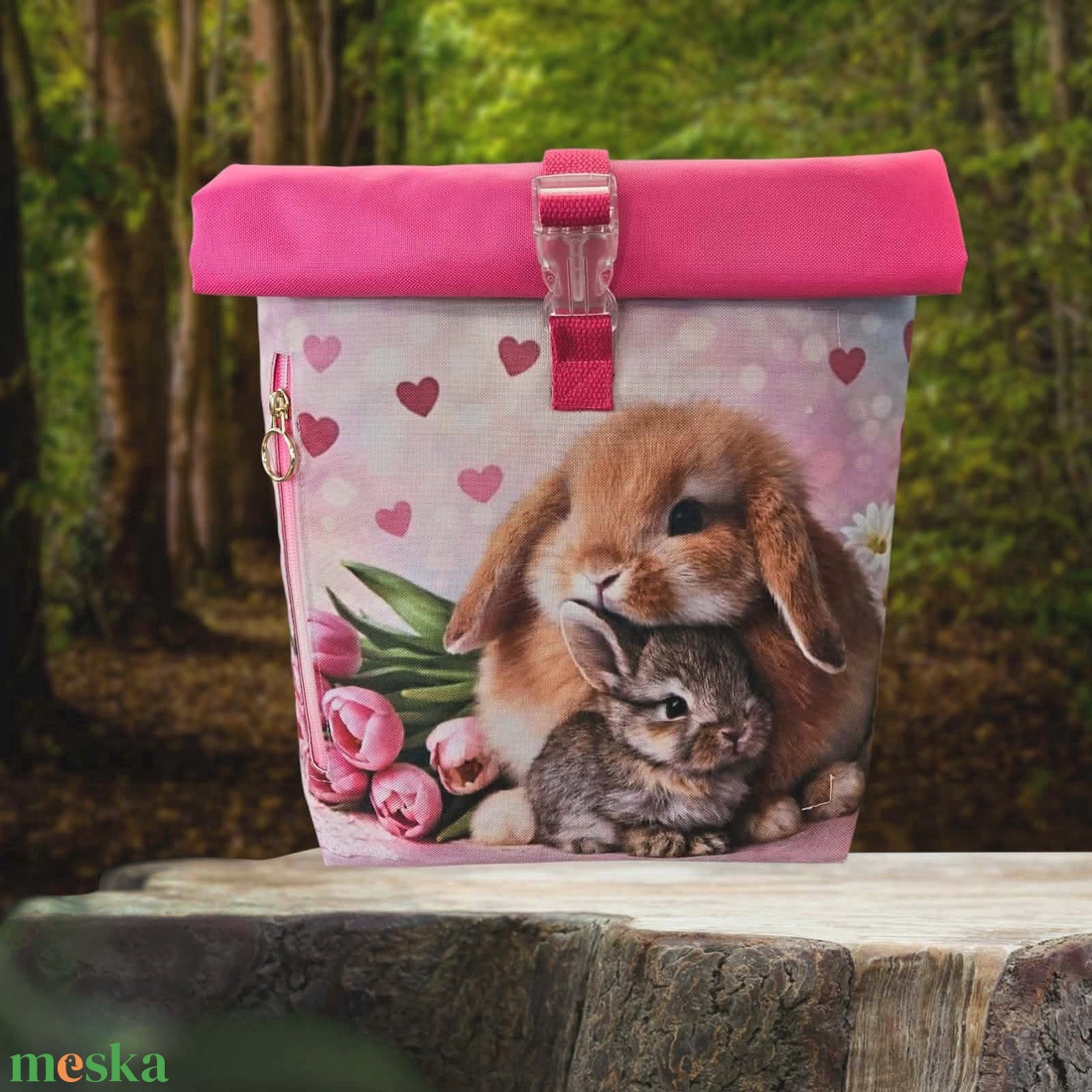 Rózsaszín-pink nyuszis roll-top hátizsák - táska & tok - hátizsák - roll top hátizsák - Meska.hu