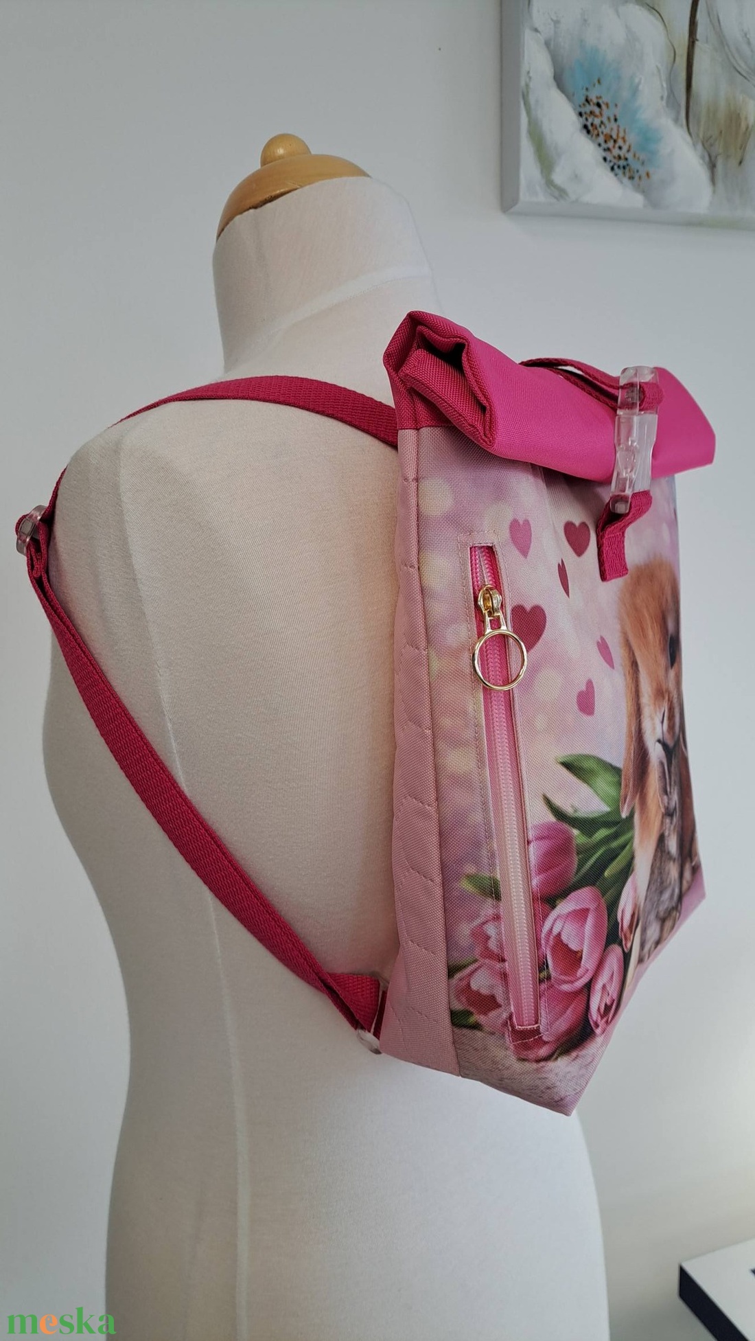 Rózsaszín-pink nyuszis roll-top hátizsák - táska & tok - hátizsák - roll top hátizsák - Meska.hu