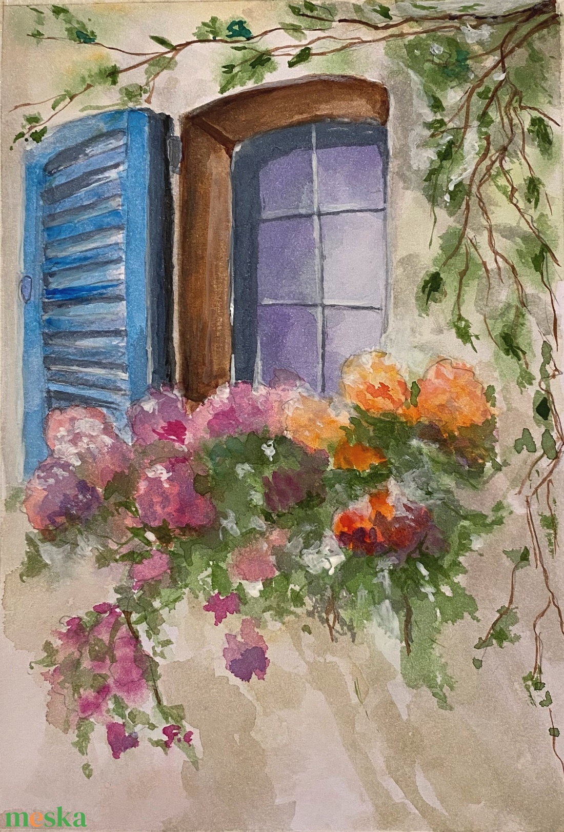 Virágos ablak - művészet - festmény - akvarell - Meska.hu