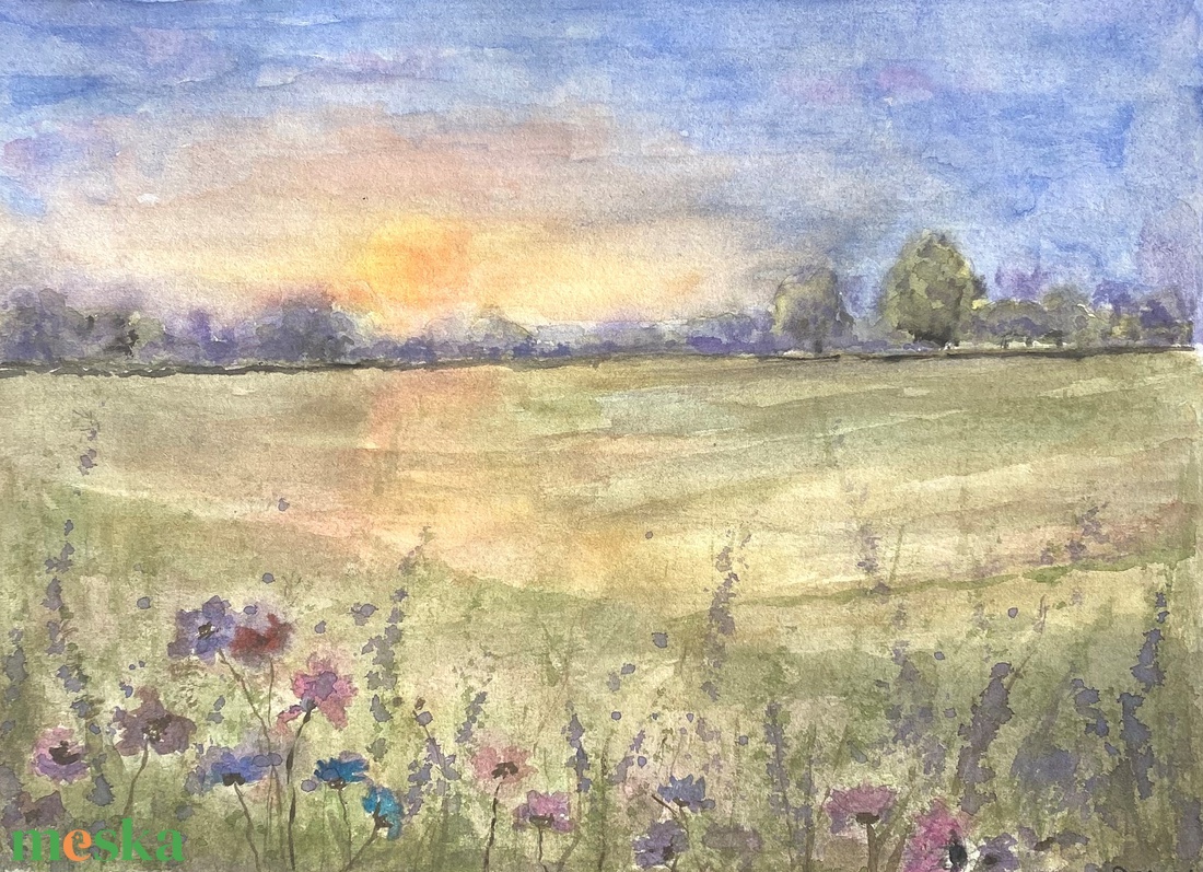 Vadvirágos dél-alföldi táj festmény - művészet - festmény - akvarell - Meska.hu