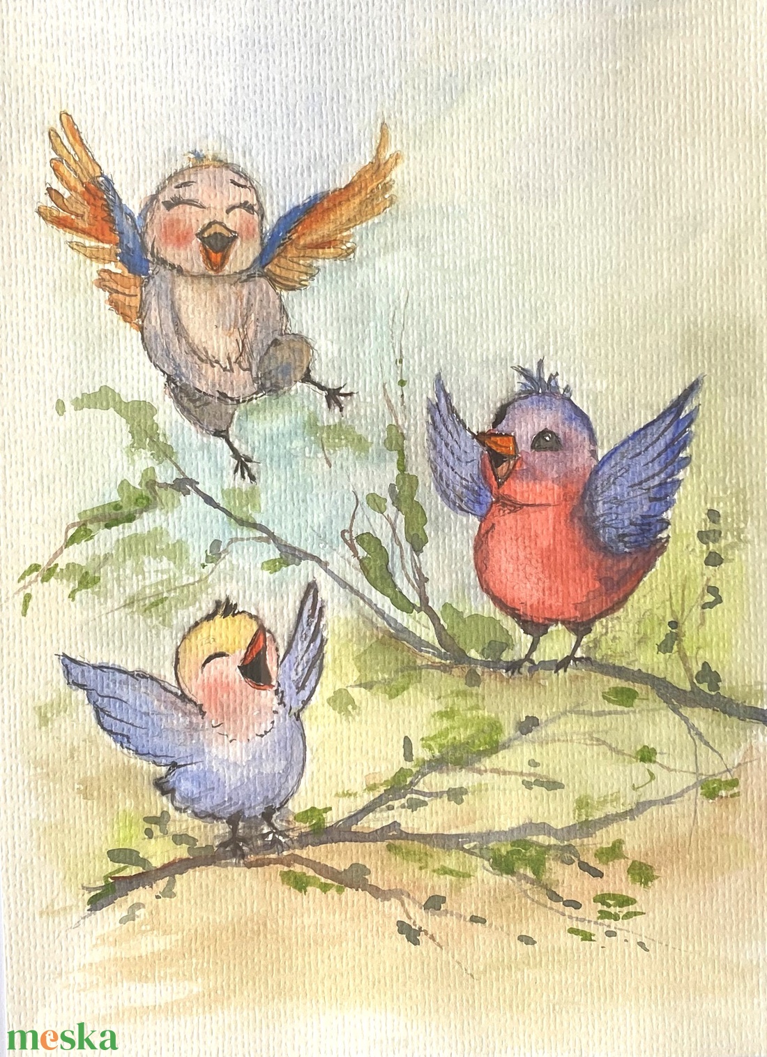 Vidám madárkák festmény - művészet - festmény - akvarell - Meska.hu