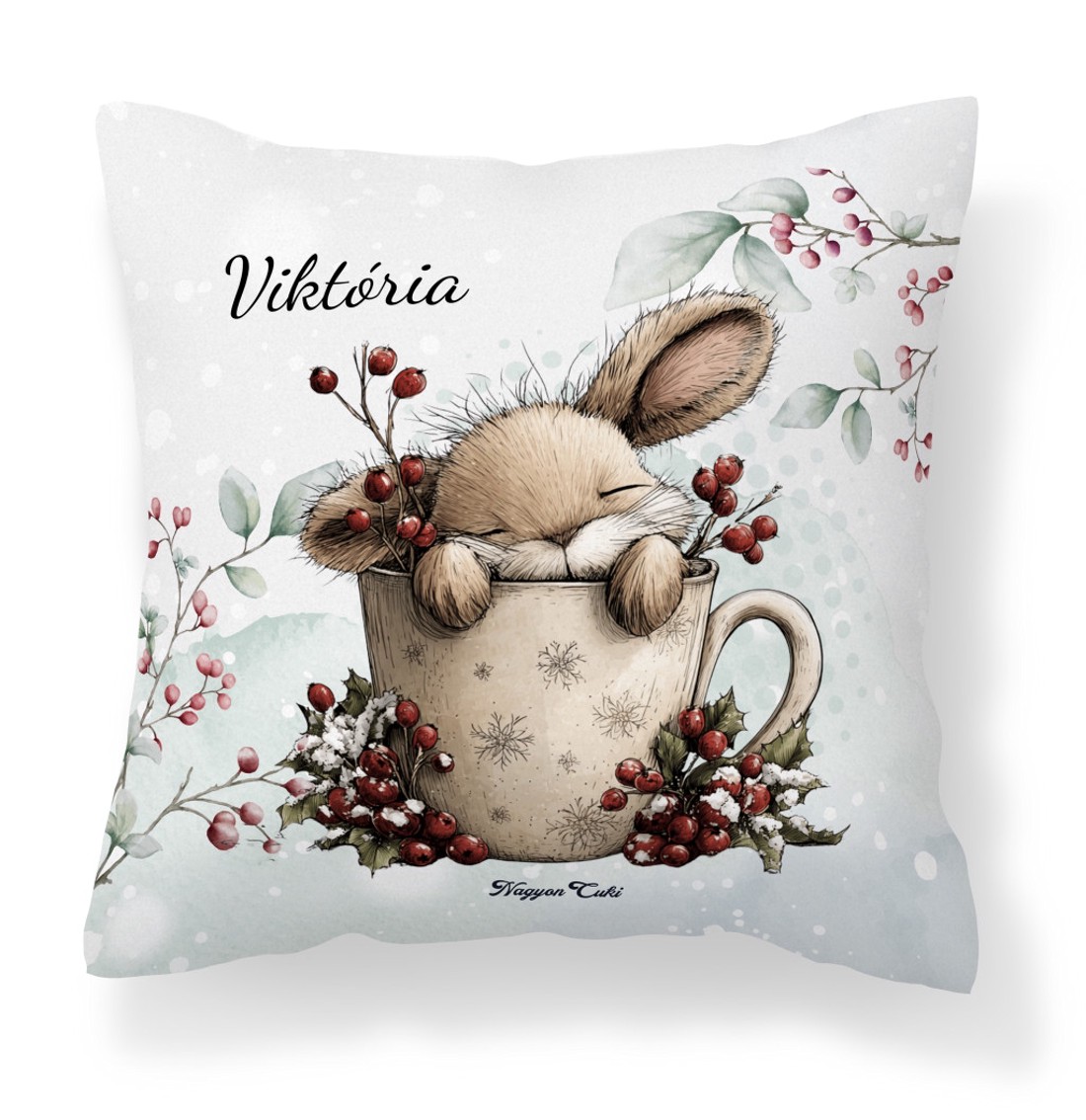 Névvel kérhető - Cuki téli nyuszi bögrében mintás párna - otthon & életmód - konyhafelszerelés, tálalás - tálalás - bögre & csésze - Meska.hu