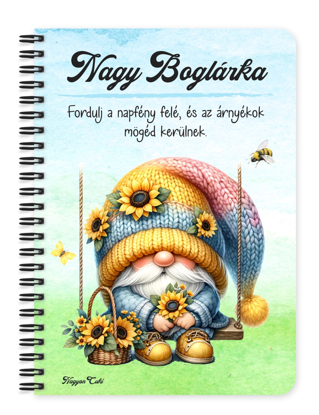 Személyre szabható - Hintázó napraforgós manó mintás A5-ös füzet - otthon & életmód - papír, írószer - jegyzetfüzet & napló - Meska.hu