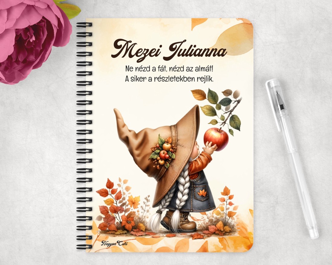 Személyre szabható - Őszi manó lány és az alma mintás A6-os füzet - otthon & életmód - papír, írószer - jegyzetfüzet & napló - Meska.hu