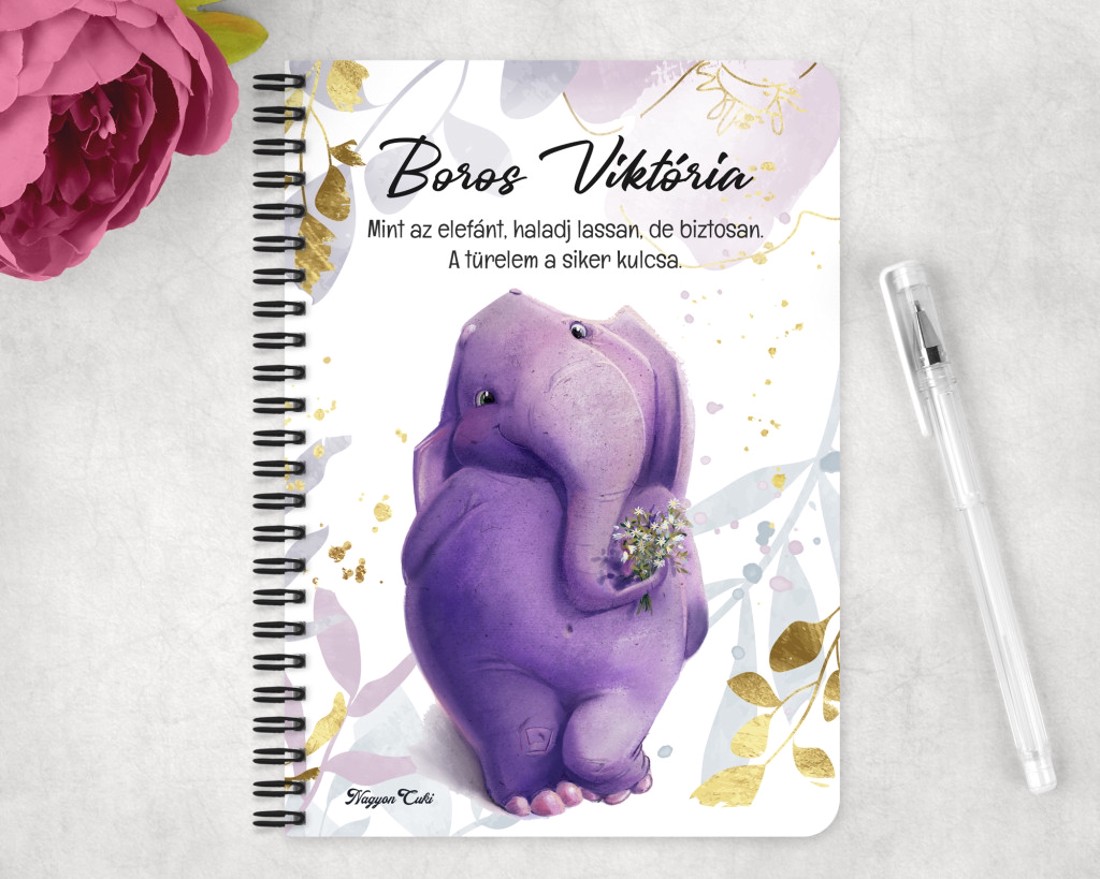Személyre szabható - Tündéri lila elefánt mintás A5-ös füzet - otthon & életmód - papír, írószer - jegyzetfüzet & napló - Meska.hu