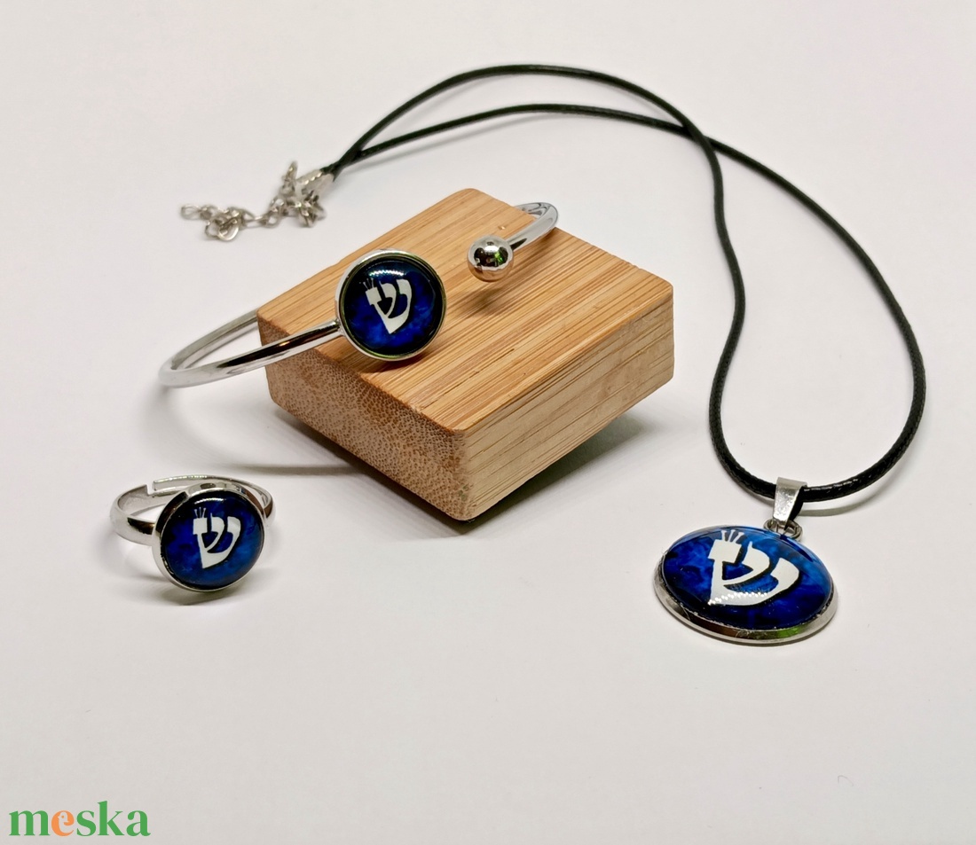 Háromrészes Shin ékszerszett � kézzel készült, kék cabochon Judaica kollekció - ékszer - ékszerszett - Meska.hu