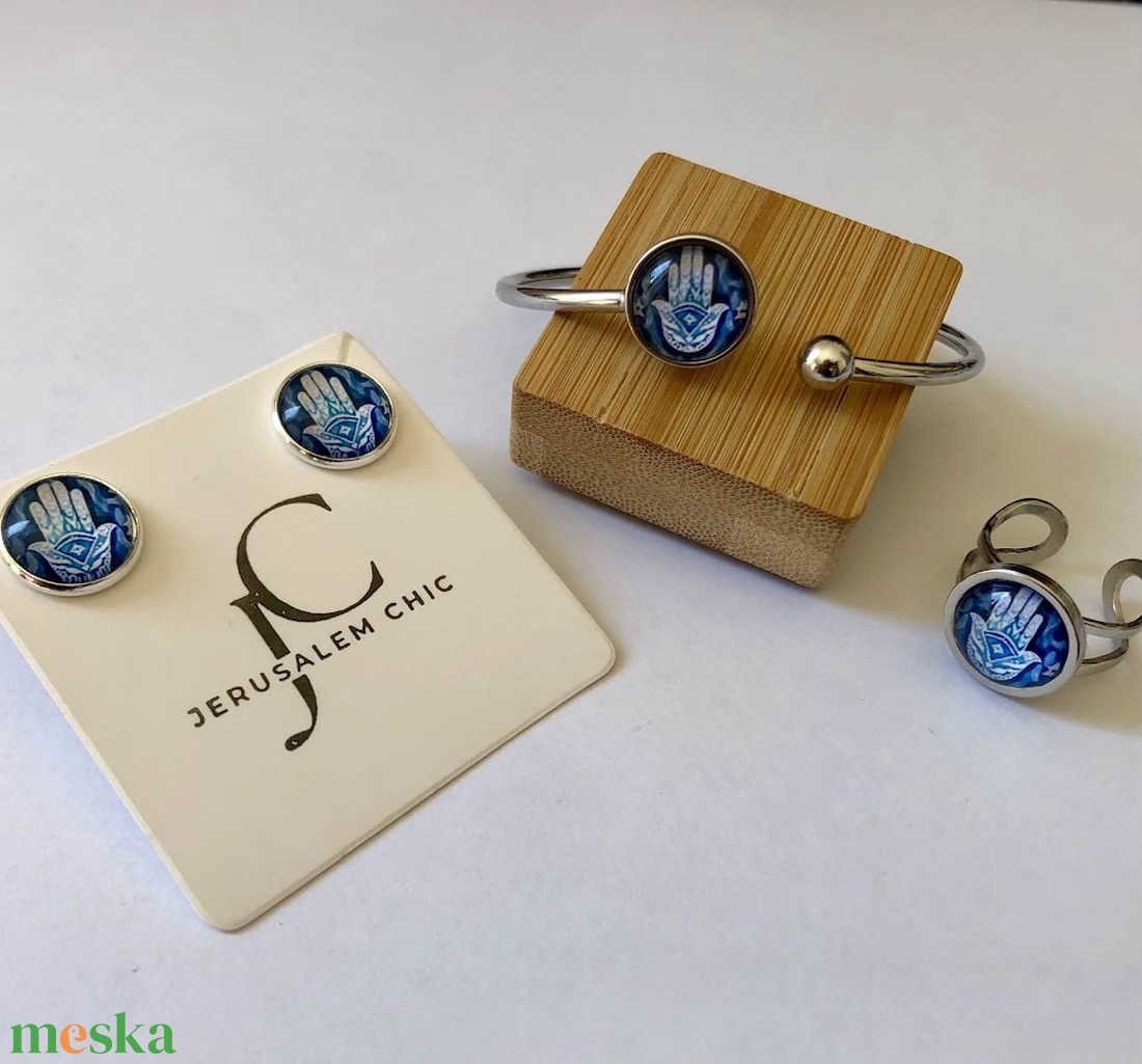Háromrészes Hamsa ékszerszett � kézzel készült, kék�fehér cabochon, védelmező szimbólum - ékszer - ékszerszett - Meska.hu