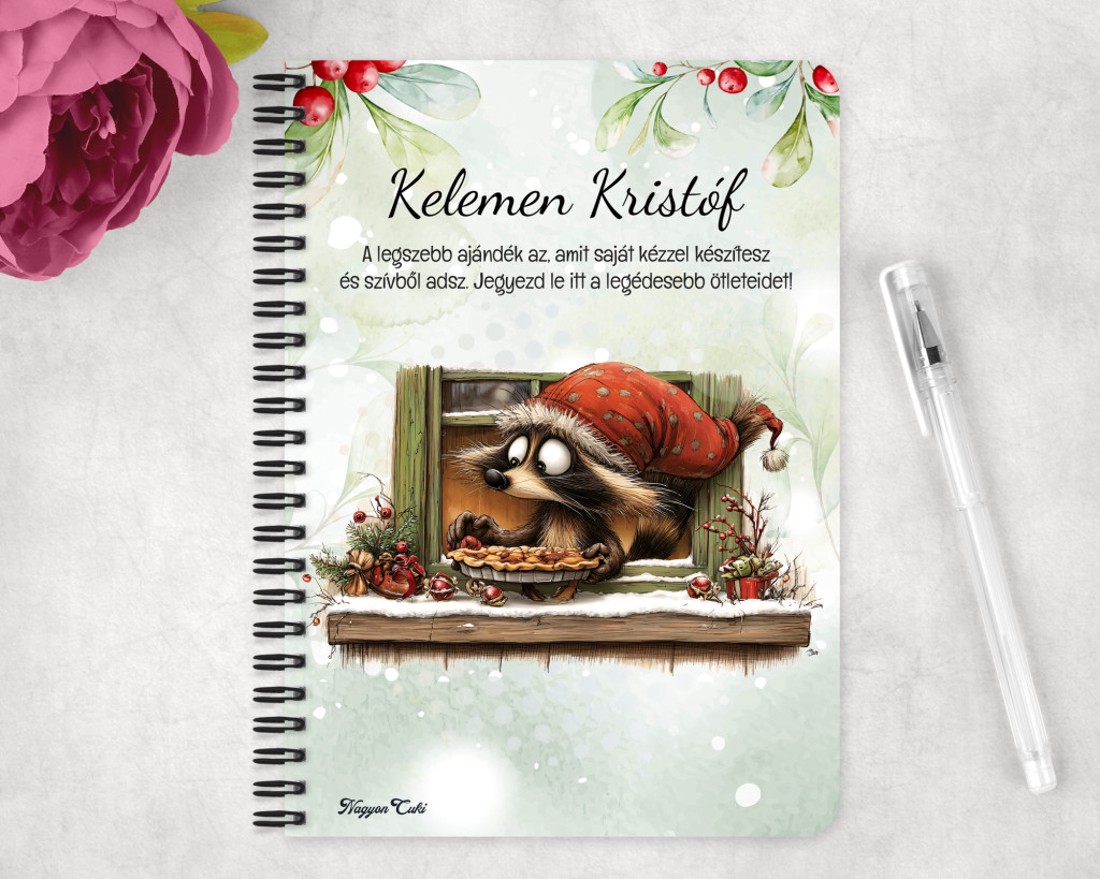 Személyre szabható - Cuki karácsonyi mosómaci és a süti mintás A6-os füzet - otthon & életmód - papír, írószer - jegyzetfüzet & napló - Meska.hu