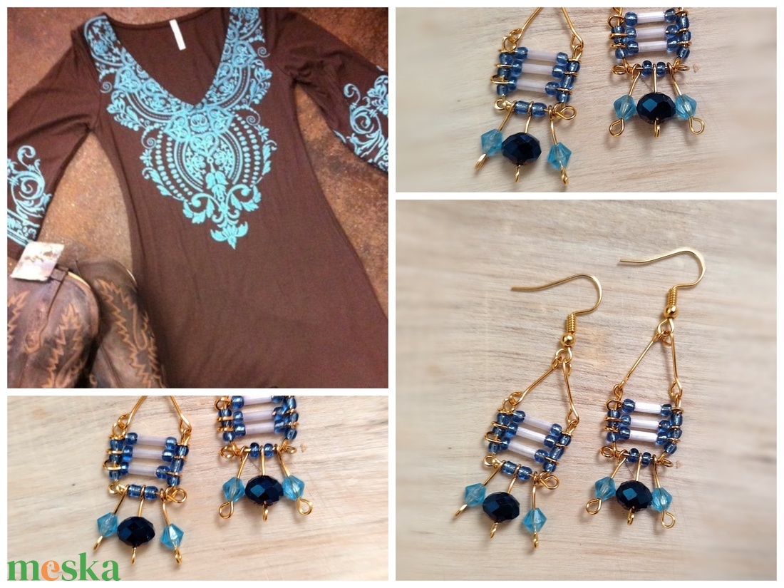 Kék arany Gyöngyös kézműves fülbevaló - ékszer - fülbevaló - csillár fülbevaló - Meska.hu