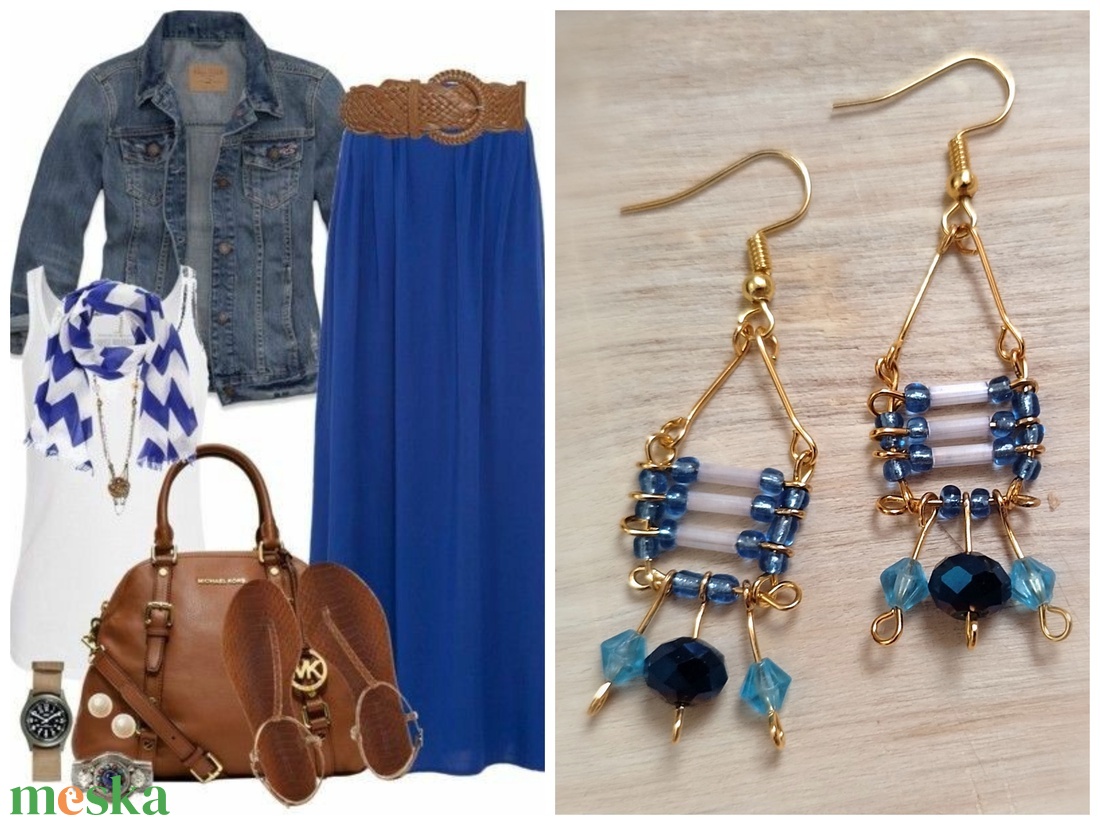 Kék arany Gyöngyös kézműves fülbevaló - ékszer - fülbevaló - csillár fülbevaló - Meska.hu