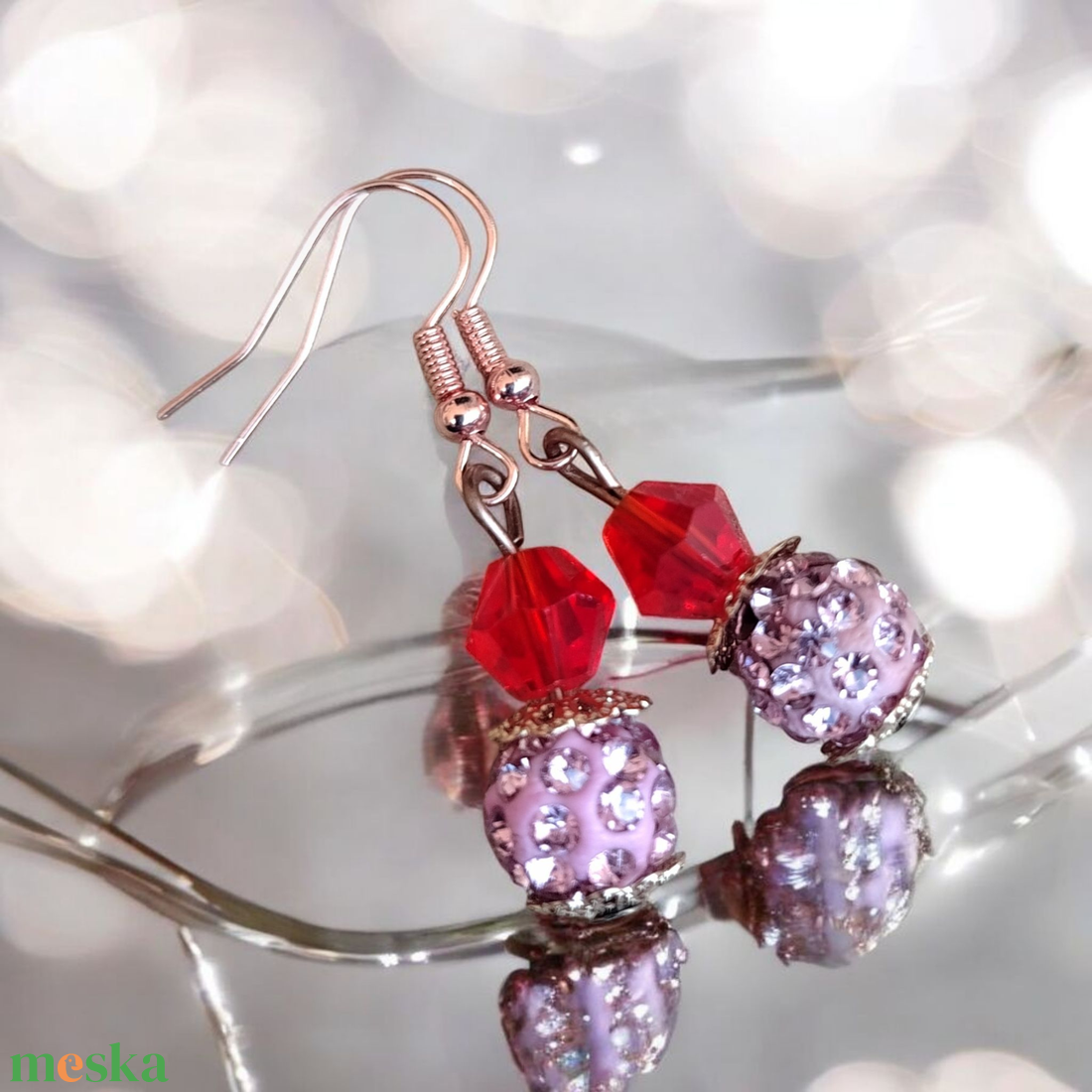 Piros pink rosegold Gyöngyös kézműves fülbevaló - ékszer - fülbevaló - lógó fülbevaló - Meska.hu