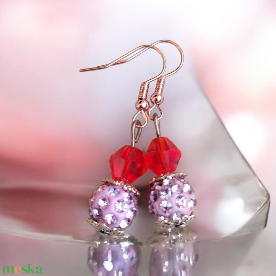 Piros pink rosegold Gyöngyös kézműves fülbevaló - ékszer - fülbevaló - lógó fülbevaló - Meska.hu