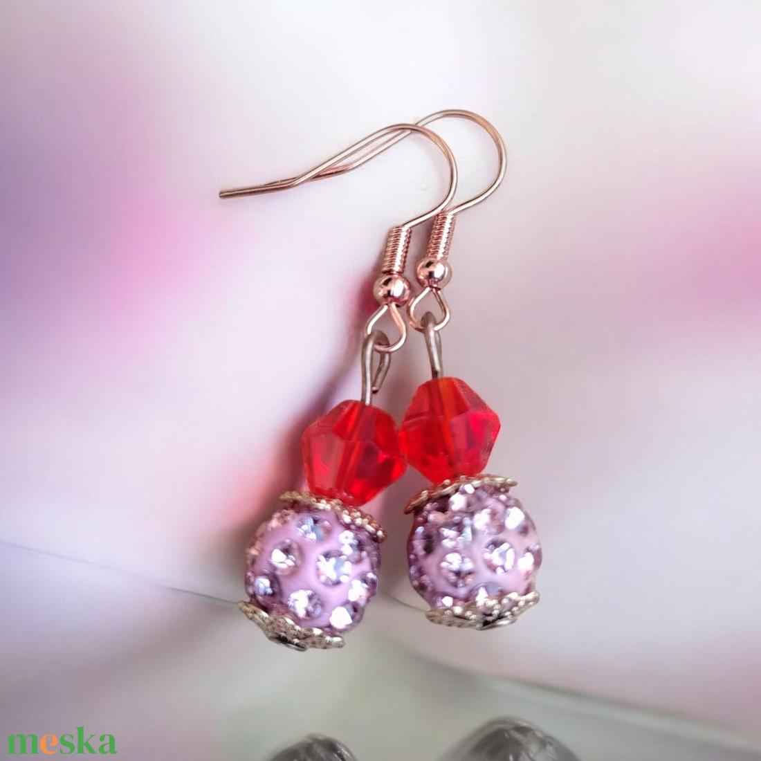 Piros pink rosegold Gyöngyös kézműves fülbevaló - ékszer - fülbevaló - lógó fülbevaló - Meska.hu