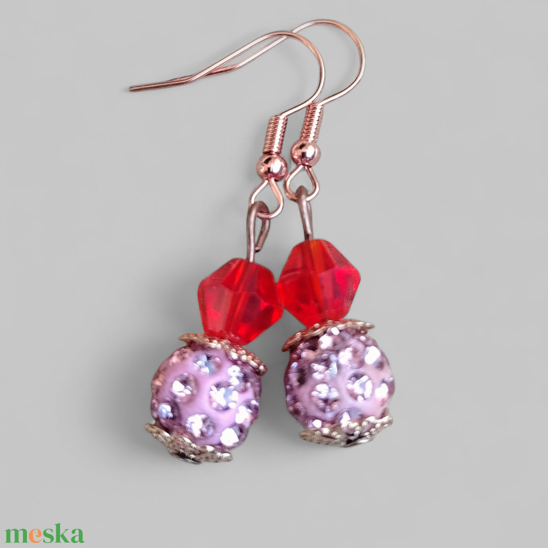Piros pink rosegold Gyöngyös kézműves fülbevaló - ékszer - fülbevaló - lógó fülbevaló - Meska.hu