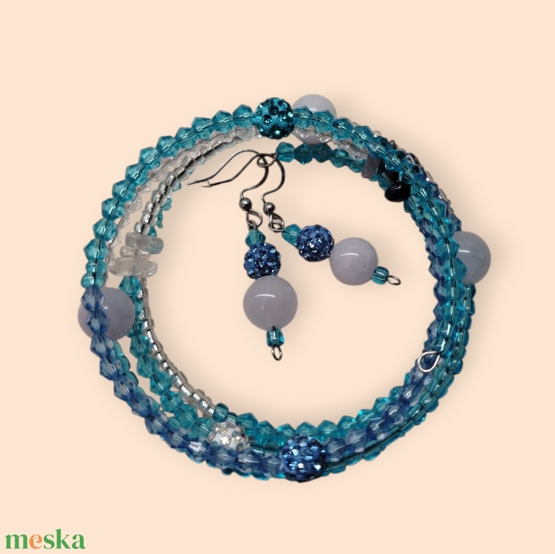 Kék elegancia memoria karkötő és fülbevaló szett - ékszer - karkötő - memóriadrótos karkötő - Meska.hu