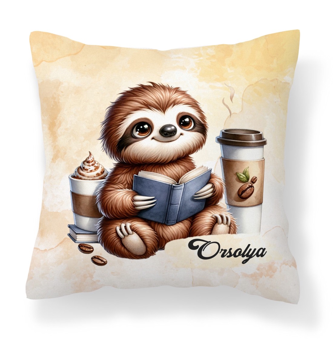 Névvel kérhető - Kávés lajhár és egy jó regény mintás párna - otthon & életmód - lakástextil - párna & párnahuzat - díszpárna (belsővel együtt) - Meska.hu