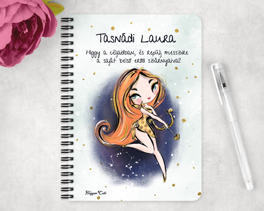 Személyre szabható - Vörös hajú Csini Nyilas lány mintás A5-ös füzet - otthon & életmód - papír, írószer - jegyzetfüzet & napló - Meska.hu